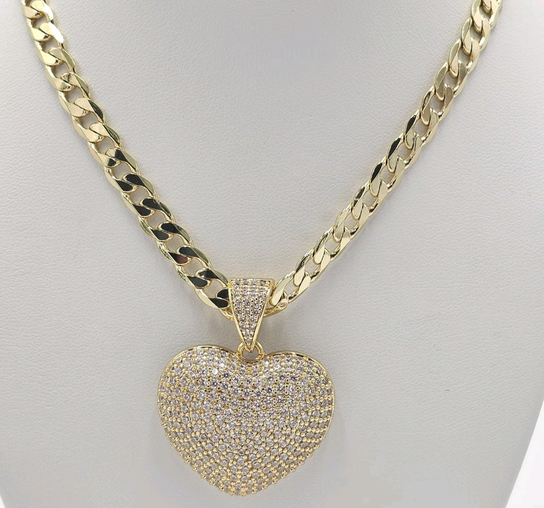 14k gold plated Cuban chain with big heart pendant