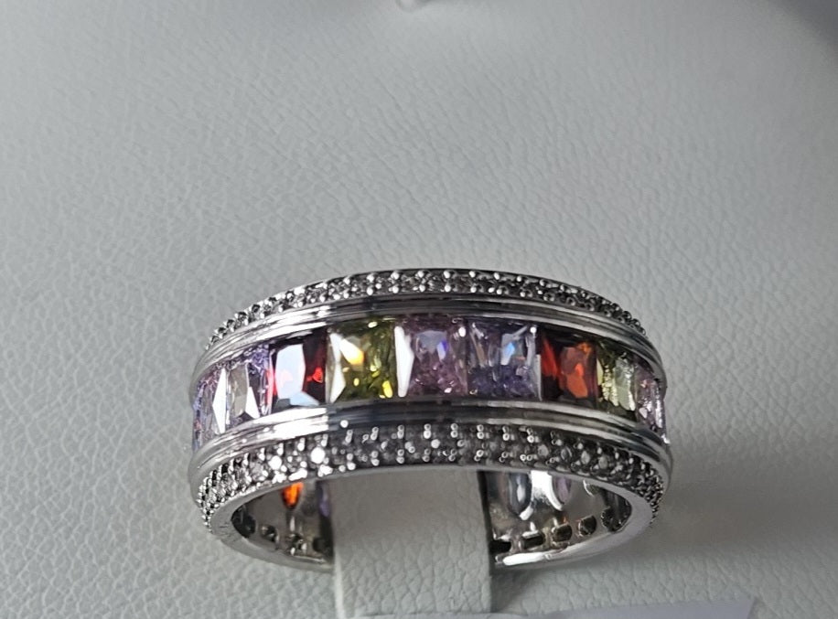 Silver plated ring multicolor gemstones