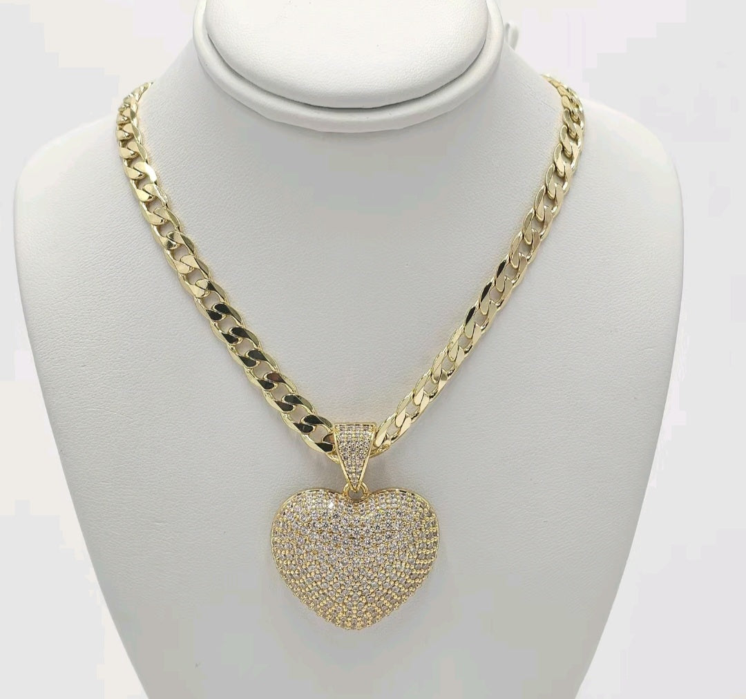 14k gold plated Cuban chain with big heart pendant